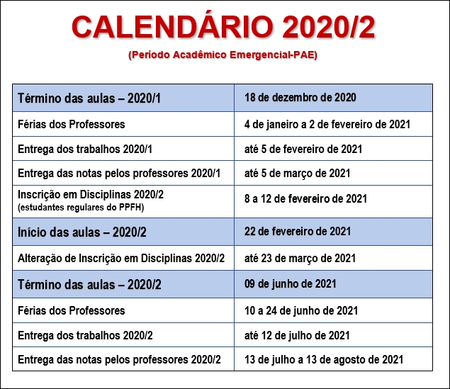 Calendário 2020/2 (PAE)